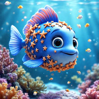 The primary subject of the image is a blue and orange fish with a star pattern on its body. The fish is swimming in a vibrant underwater environment, surrounded by a variety of colorful fish and coral. The visual style of the image is a digital art or illustration, creating a lively and engaging scene. The dominant colors in the image are blue, orange, and white, with the star pattern on the fish adding a unique and eye-catching element to the overall atmosphere.